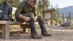 Hiker seated at a trailhead checking the upper buckle on a lower-leg gaiter.