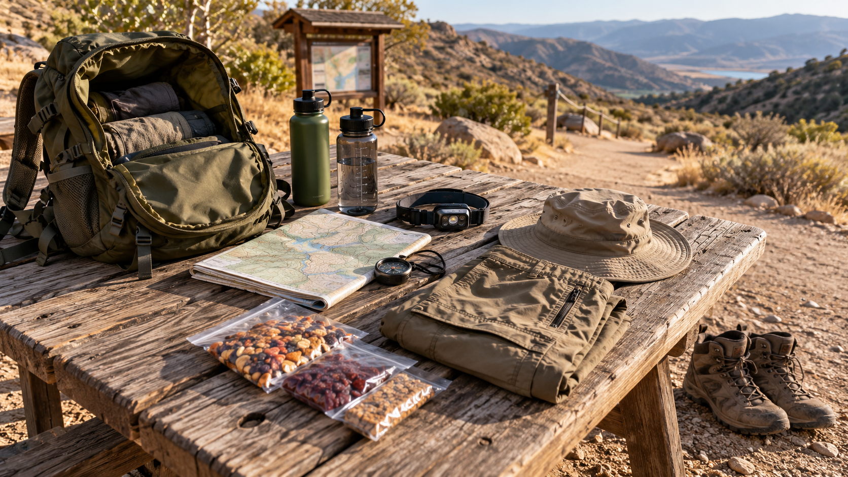 Gear for hiking in snake country arranged on a picnic table, including a backpack, map, headlamp, water bottles, and boots.