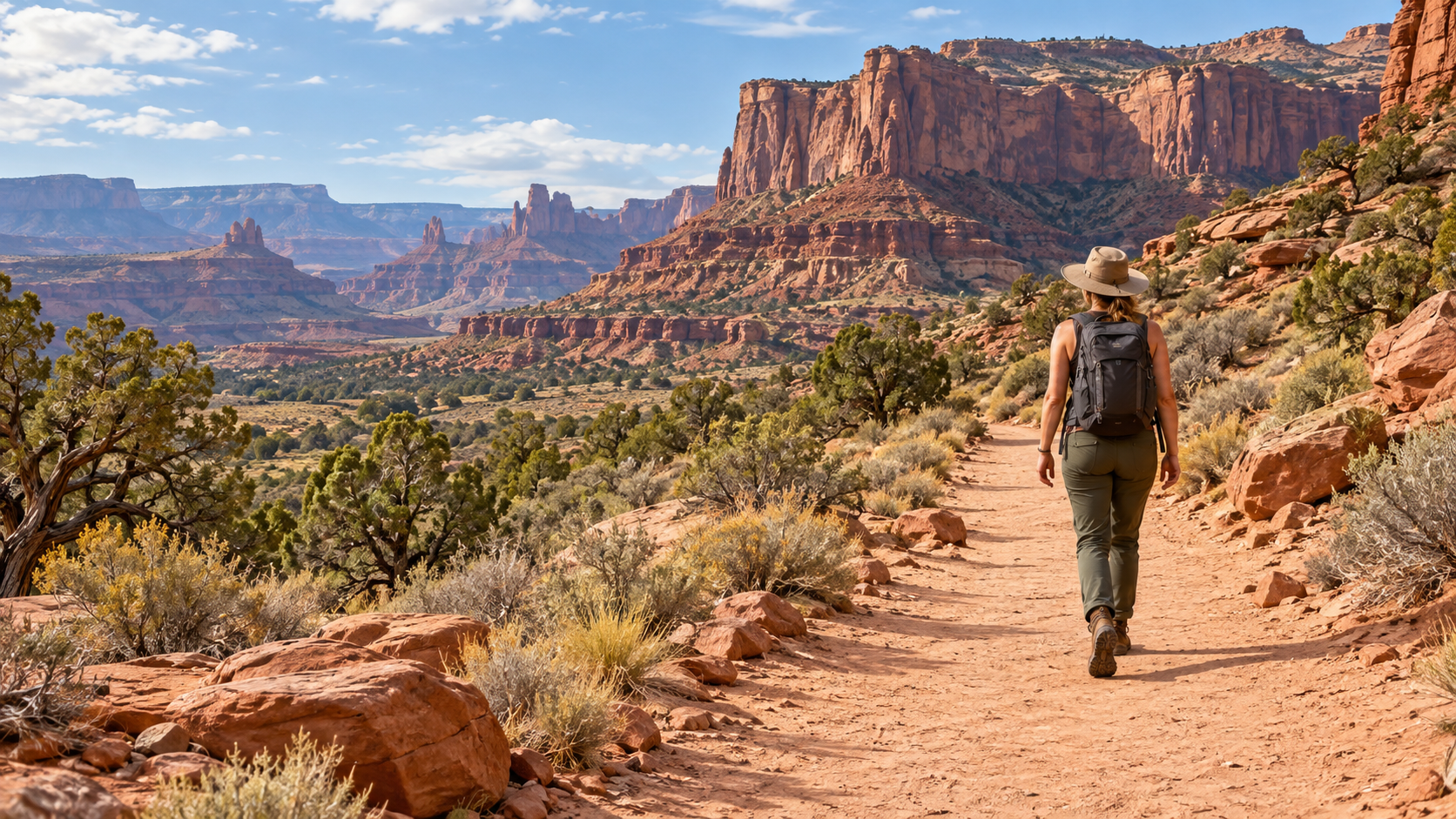 Hiker with a backpack hiking in Utah-inspired red rock scenery on a sandy desert trail.