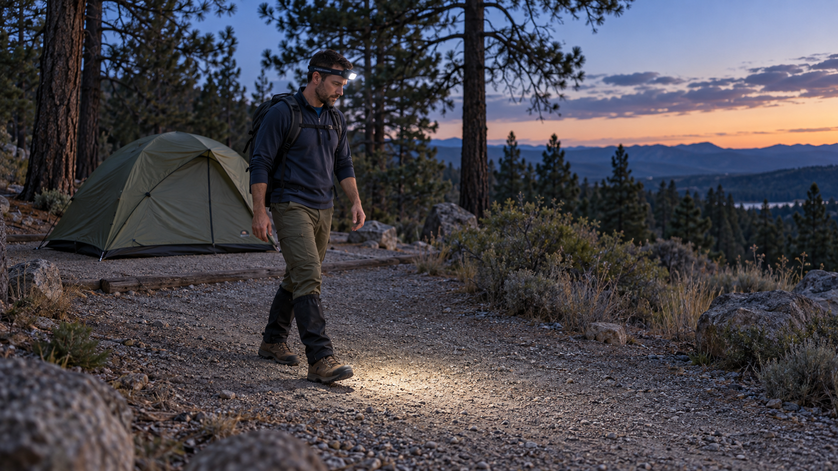 Camper wearing boots and gaiters and using a headlamp beside a closed tent at dusk.